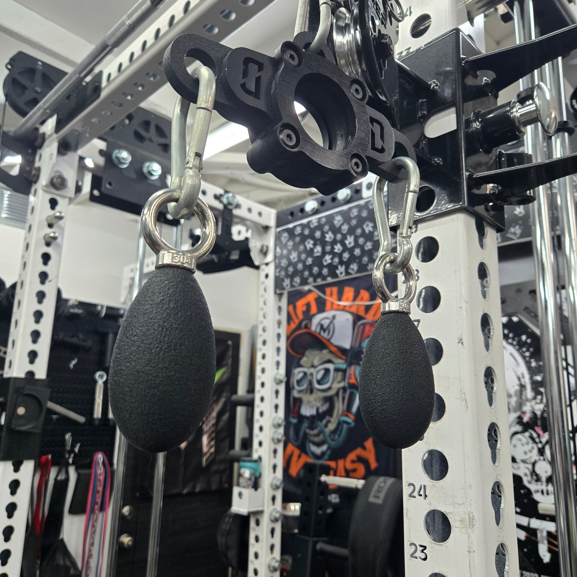 Danglers attached to cable machine via carabiner clip, illustrating versatility
