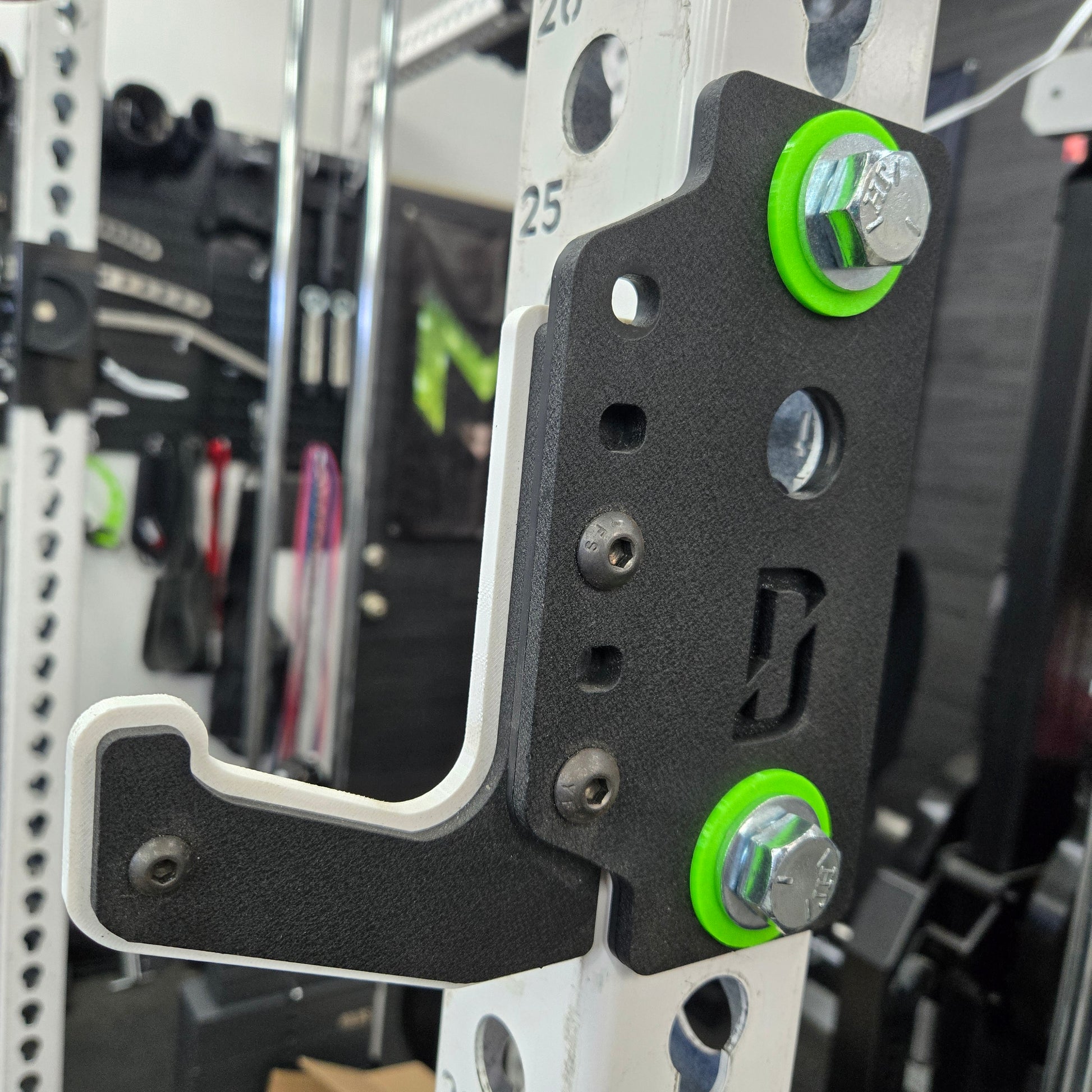 Side view of Single-Hole Adapter installed between rack upright and attachment for size conversion