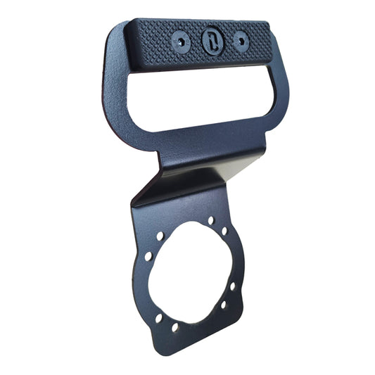 QuickMount Handle for VOLTRA I attached to a power rack, showing ergonomic steel grip and black powder-coat finish