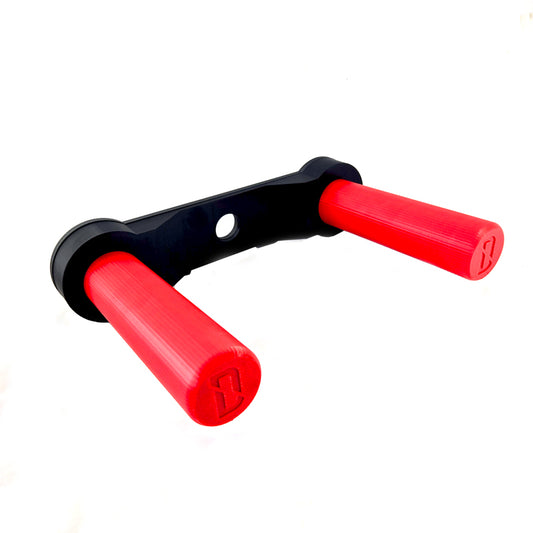 A black and red HornHub plate holder designed for organizing weight plates.