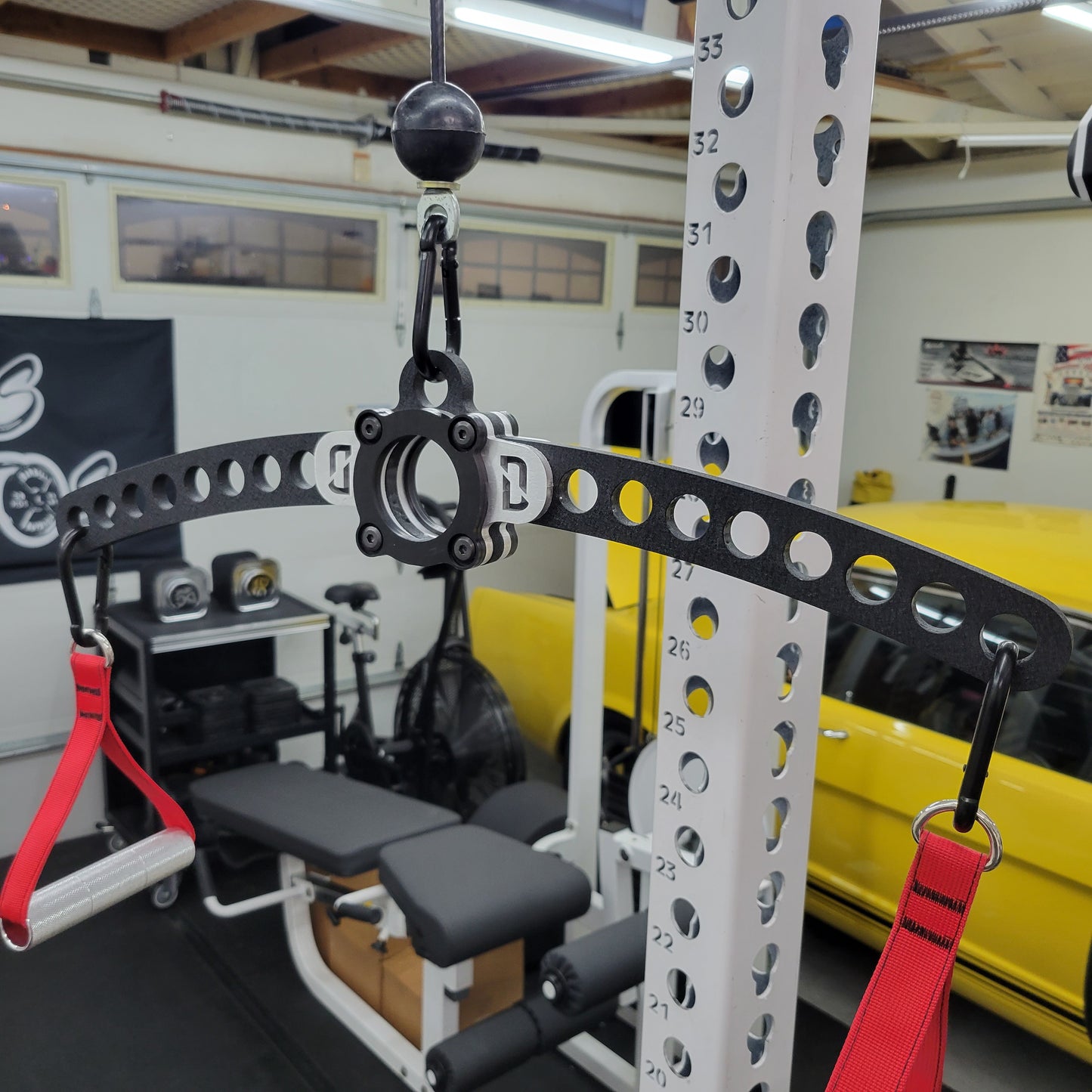 The Shorty Bar installed on rack, ready for lat pulldowns